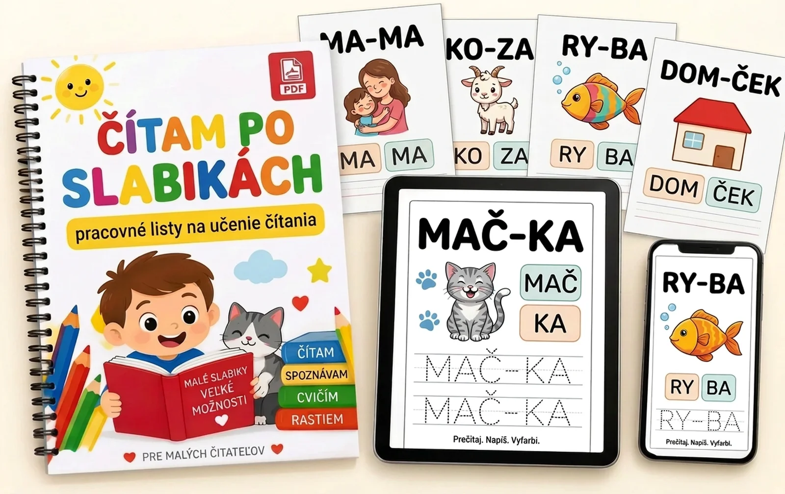 Sada Čítam po slabikách — zošit, tablet a telefón s pracovnými listami
